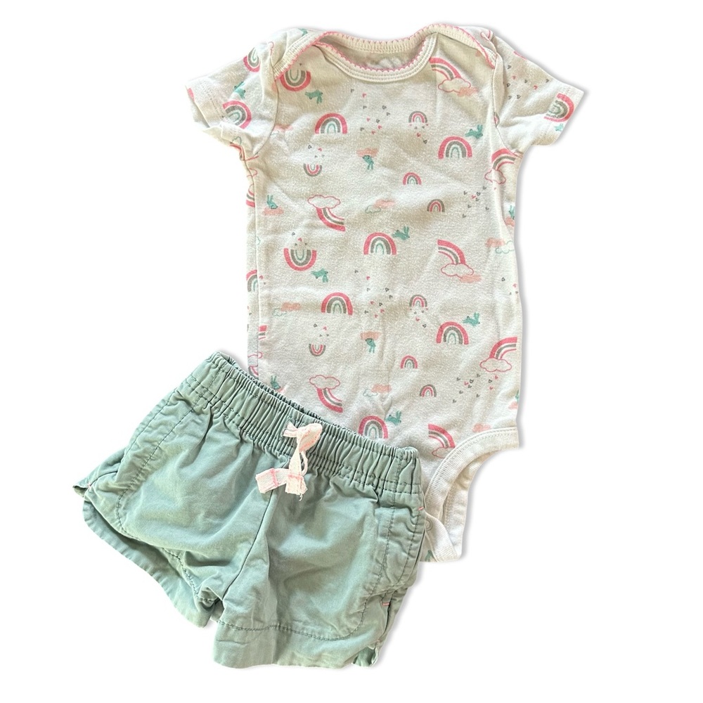 Carter’s Rainbow Print One Piece and Green Shorts Set